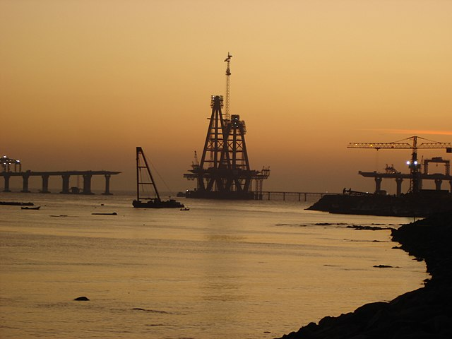 Construction site of Bandra-Worli sea link with sunset